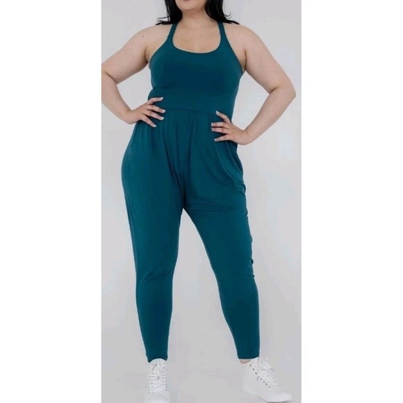 Imbodhi Pants - Imbodhi Jumpsuit Cross Back Harem Lounge Yoga Stretch Romper Teal Blue Medium